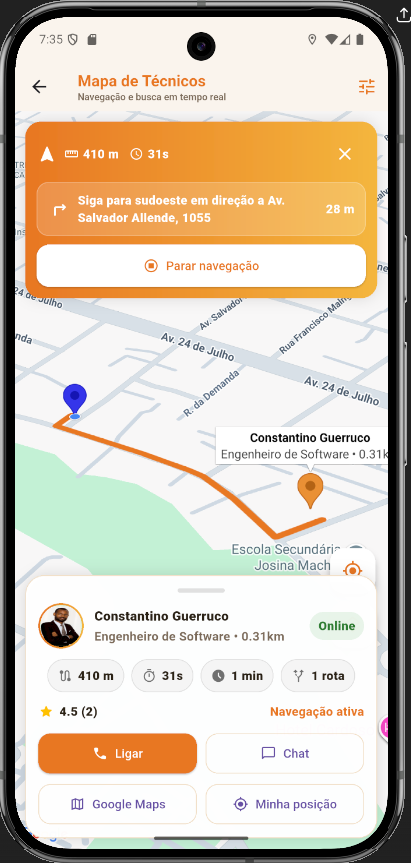 Screenshot do mapa de técnicos do SoluMo